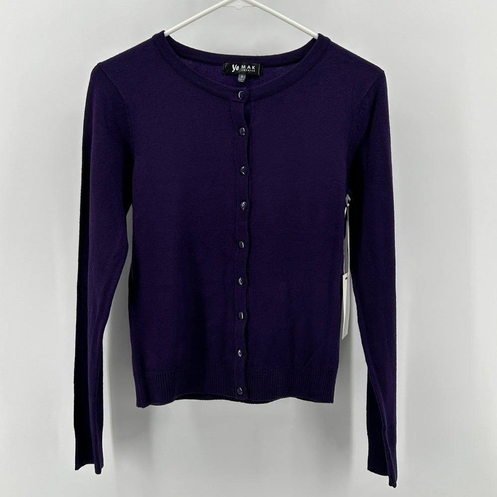Ye Mak Plum Purple Button Front Crew‎ Neck Knit Cardigan Sweater S NWT Preppy